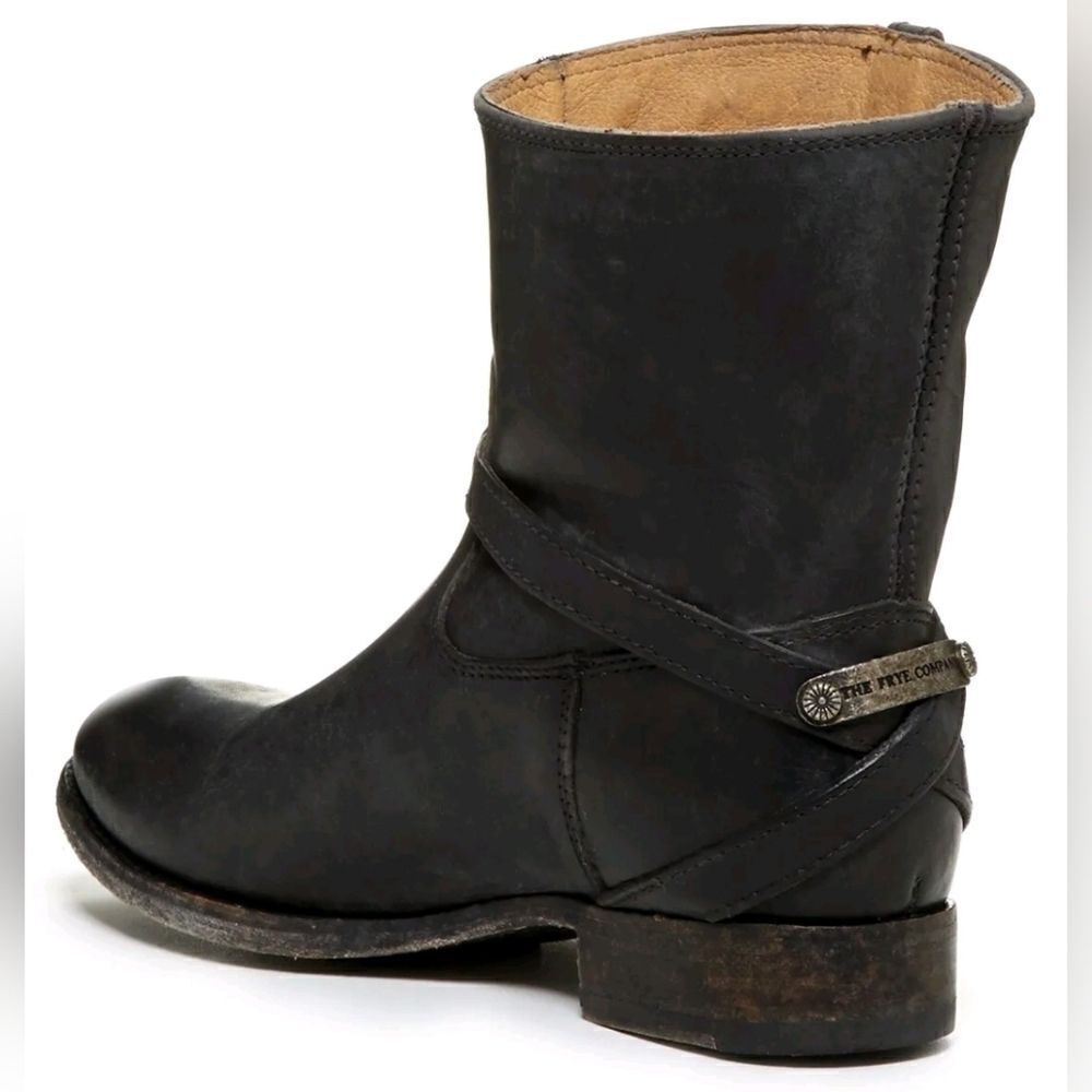 Frye Lindsay Plate Distressed Black Leather Strappy Moto Biker Western Boots 6.5